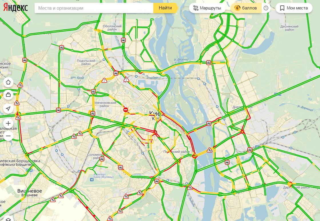 Пробки в Киеве достигли 6 баллов