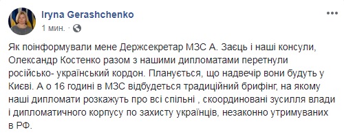 Костенко вже перетнув російсько-український кордон, - Геращенко