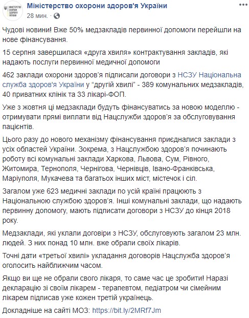 В Україні 50% медзакладів первинної допомоги підписали договір з НСЗУ