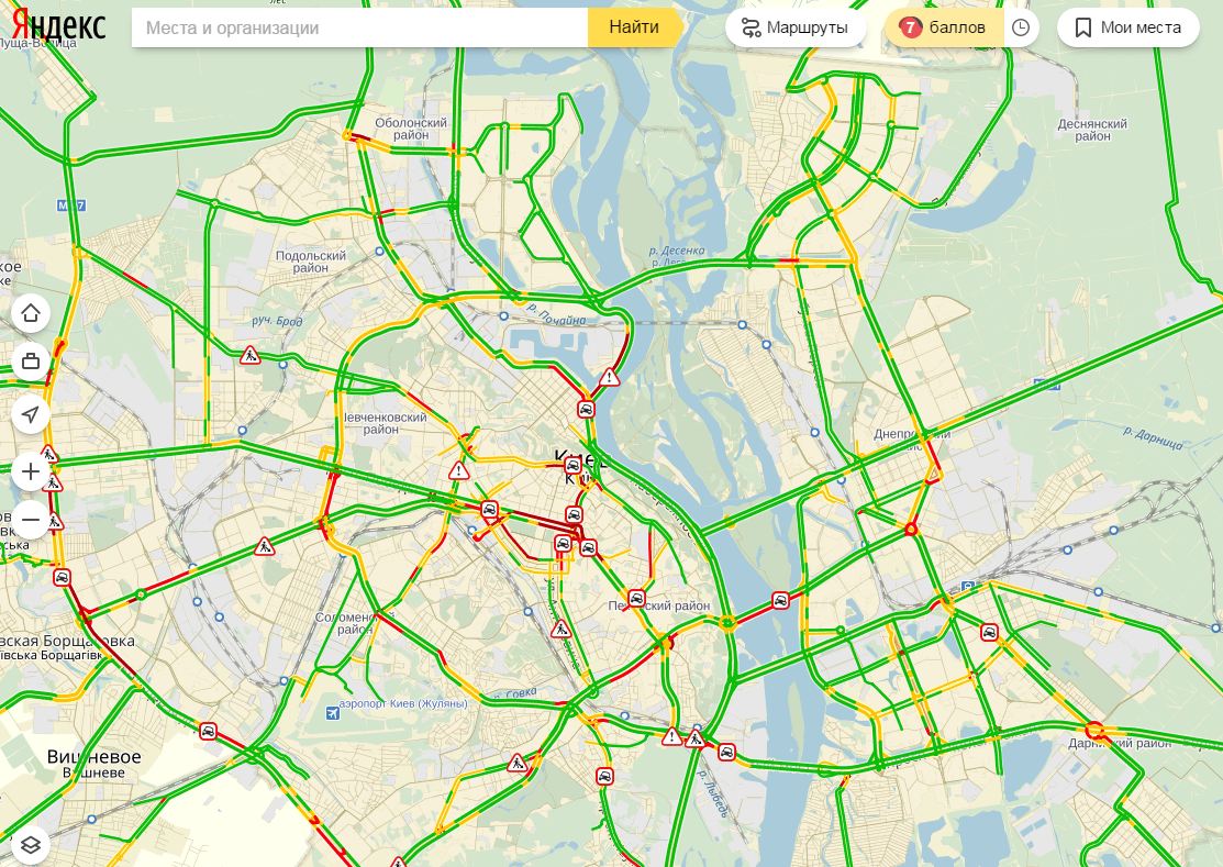Пробки в Киеве достигли 7 баллов