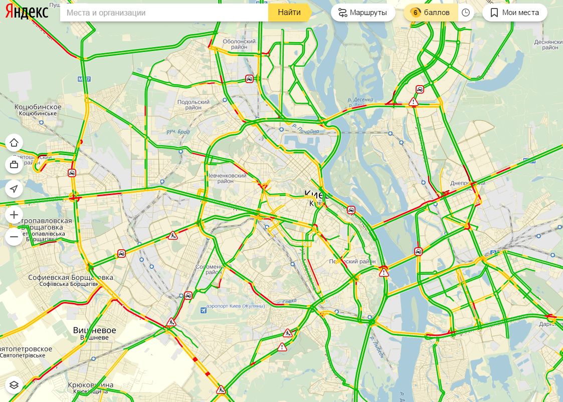 Затори у Києві досягли 6 балів