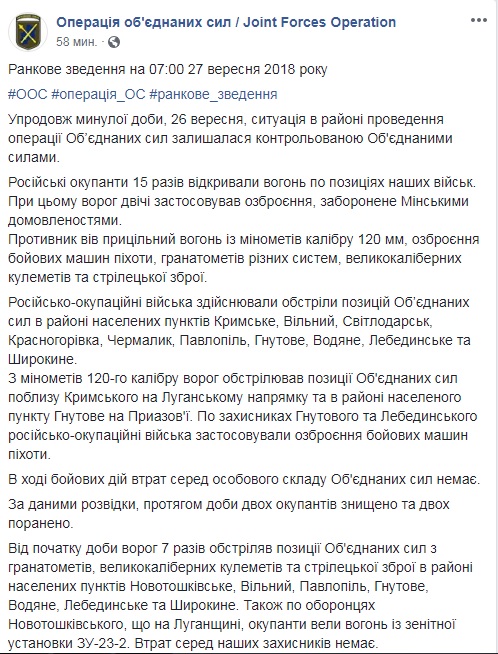 На Донбасі доба обійшлася без втрат серед українських військових