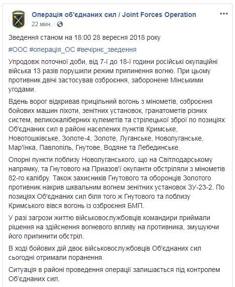 На Донбасі за день поранено двох українських військових, - ООС
