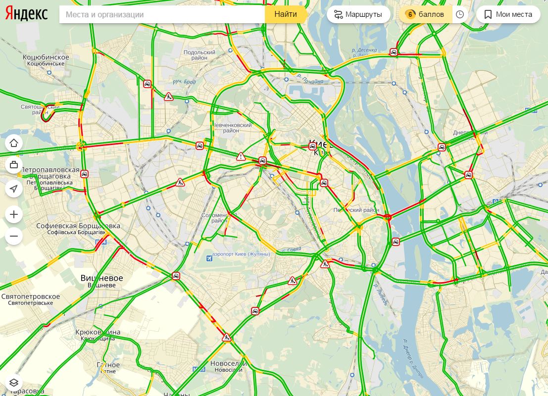 Пробки в Киеве достигли 6 баллов