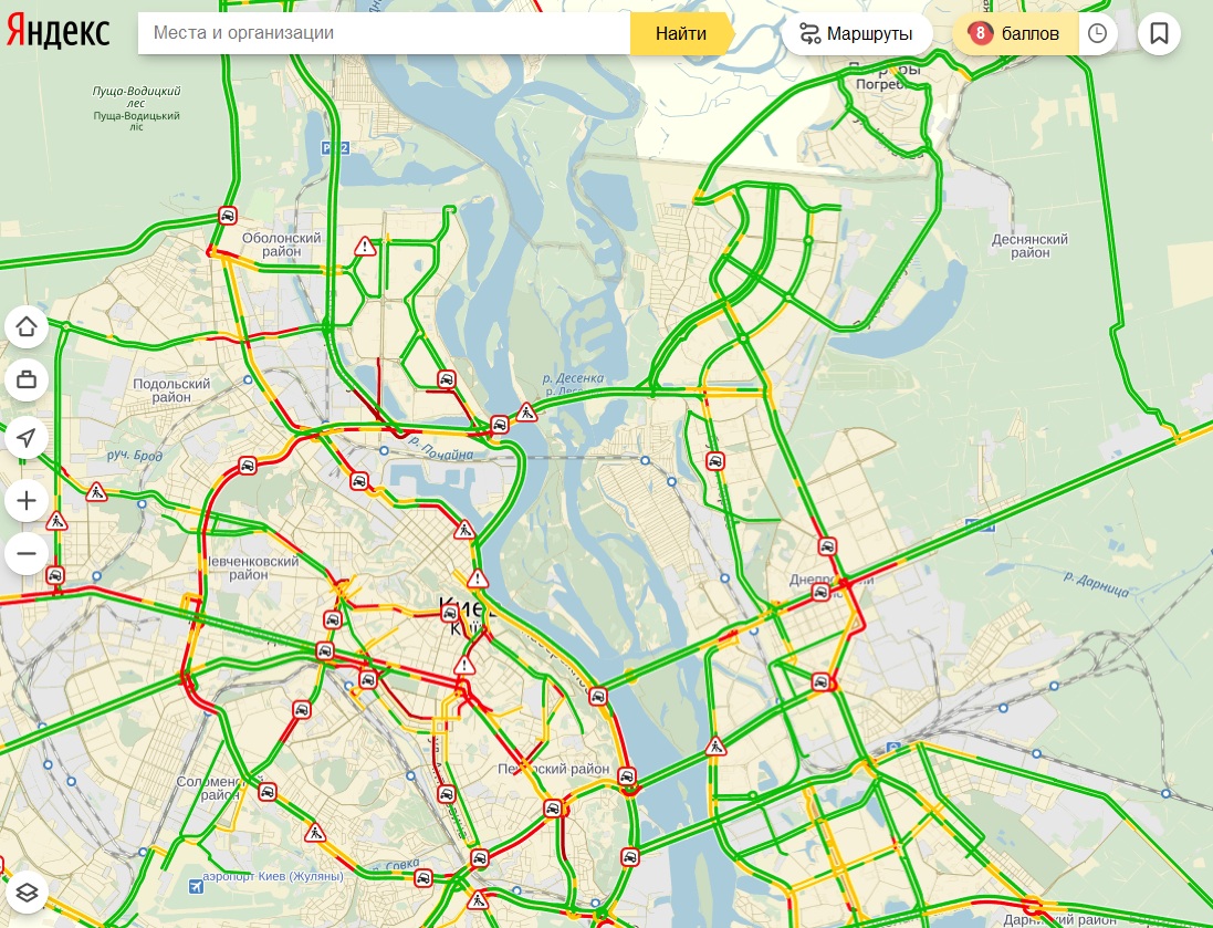 Затори у Києві досягли 8 балів