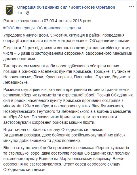 На Донбасі доба обійшлася без втрат серед українських військових