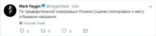 Сущенка етапували до місця відбування покарання, - Фейгін