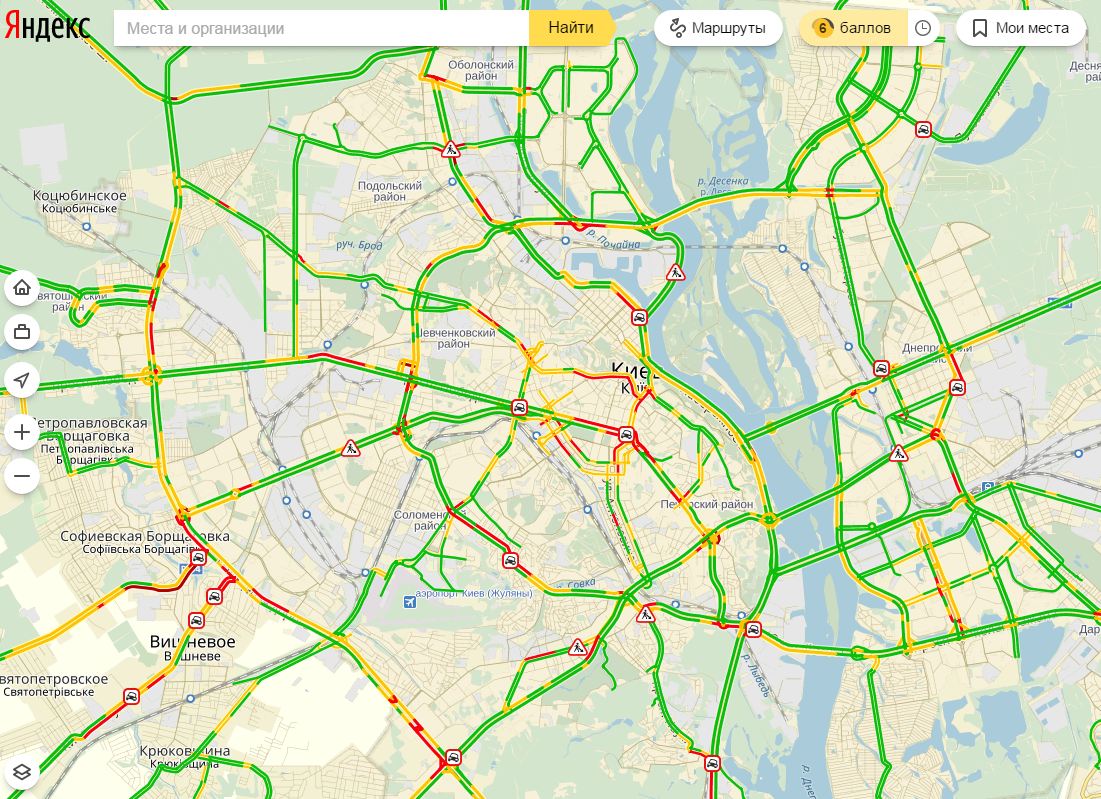 Пробки в Киеве достигли 6 баллов