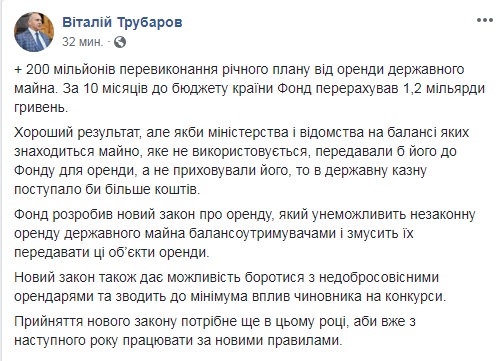 В Украине на 200 млн гривен перевыполнили план платежей от аренды госимущества