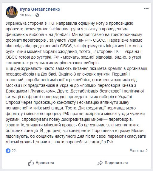 Геращенко рассказала, какую цель преследовала РФ при организации "выборов" на Донбассе