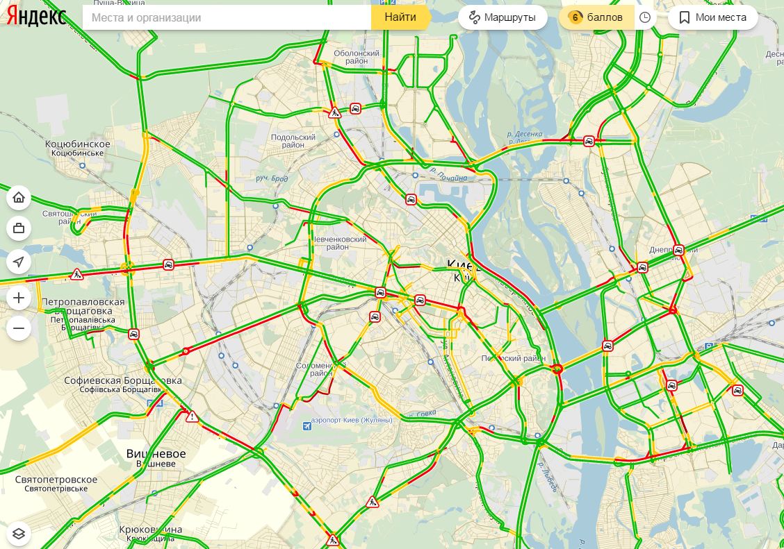 Пробки в Киеве достигли 6 баллов