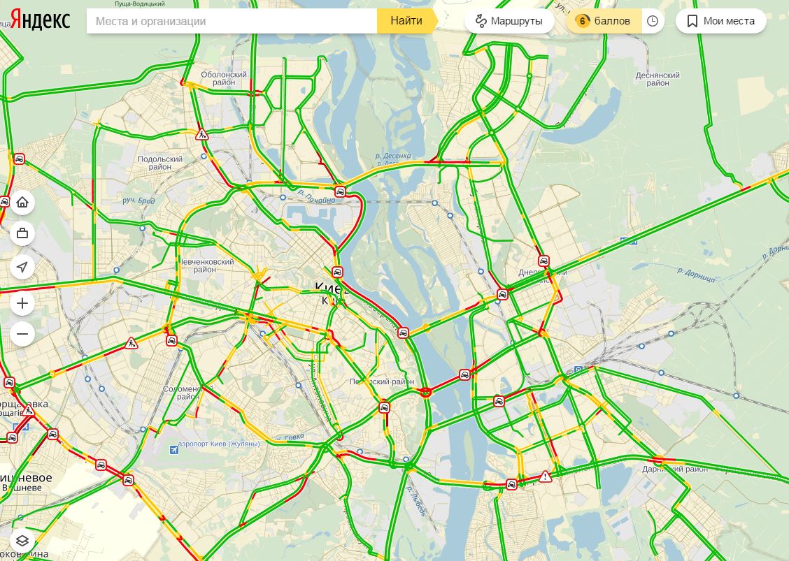 Пробки в Киеве достигли 6 баллов