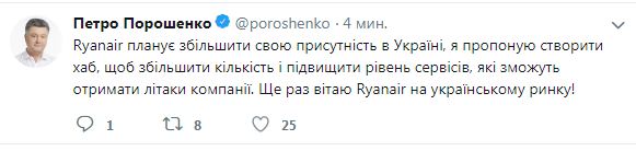 Порошенко ініціює створення хабу Ryanair в Україні