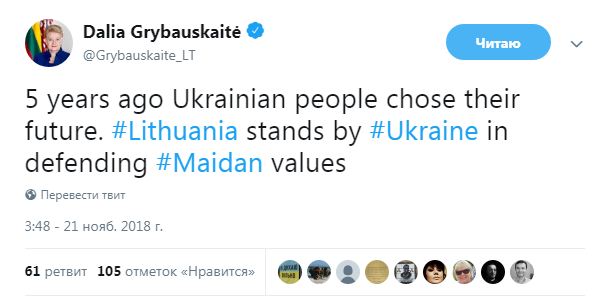 Литва підтримує Україну у захисті цінностей Майдану, - Грибаускайте