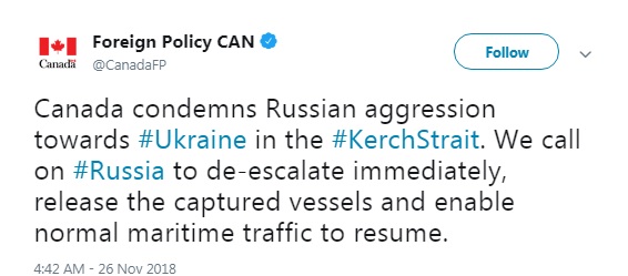 Канада вимагає від Росії повернути Україні захоплені кораблі