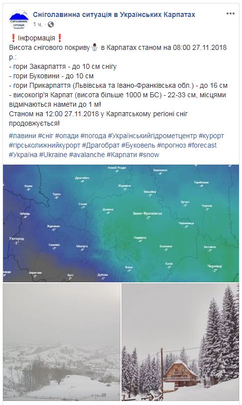 В высокогорье Карпат высота снежного покрова достигла одного метра