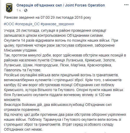 На Донбасі за добу поранені двоє українських військових