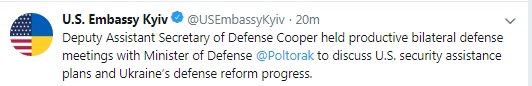 Полторак і Купер обговорили плани США по наданню допомоги у сфері безпеки