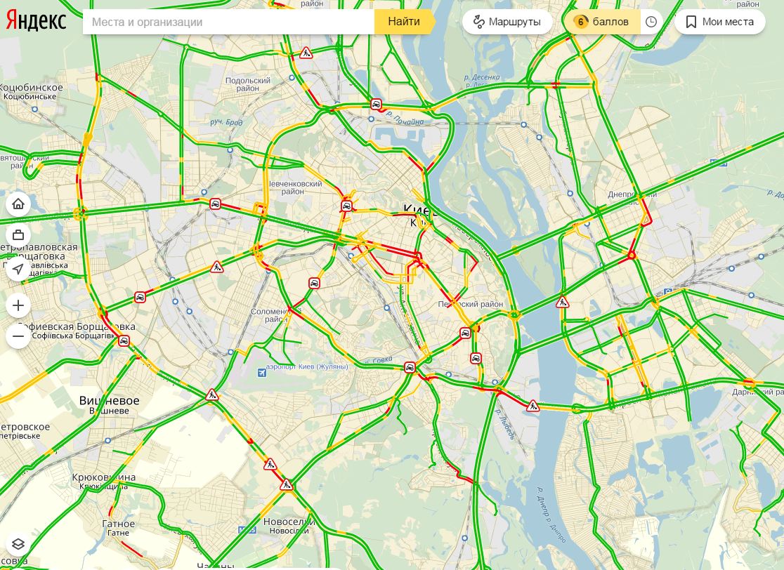 Пробки в Киеве достигли 6 баллов