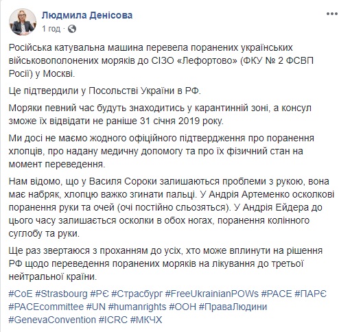 Консул відвідає поранених моряків не раніше 31 січня, - омбудсмен