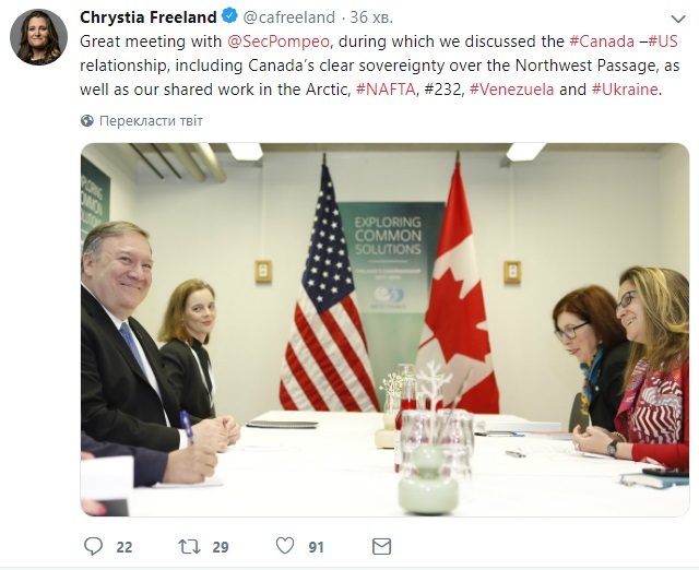 Фріланд та Помпео обговорили спільну роботу в Україні