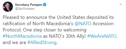 США ратифікували протокол про вступ Північній Македонії в НАТО