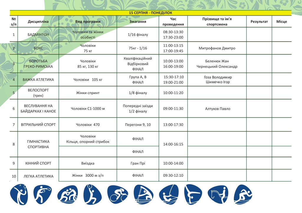 розклад на 15 серпня