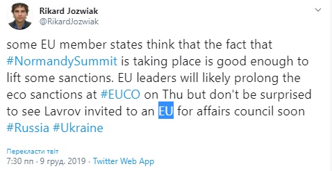 Після нормандської зустрічі з Росії можуть зняти деякі санкції, - Йозвяк