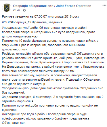 На Донбассе за сутки ранен один украинский военный