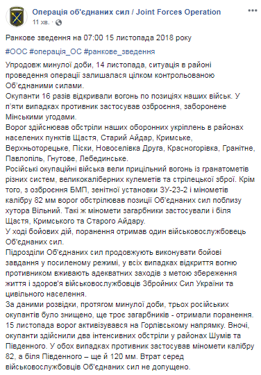 На Донбасі за добу поранено одного українського військового