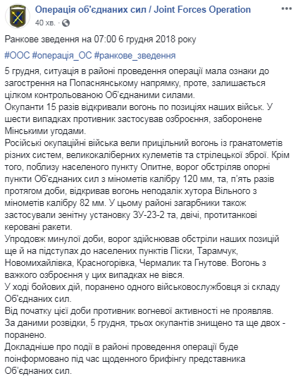 На Донбасі за добу поранено одного українського військового