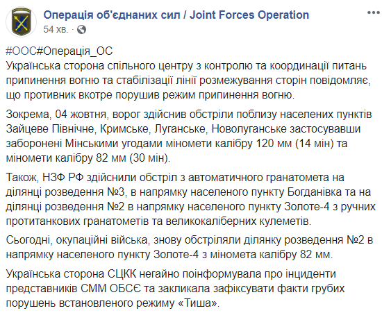 Бойовики з мінометів обстріляли ділянку розведення в Золотому
