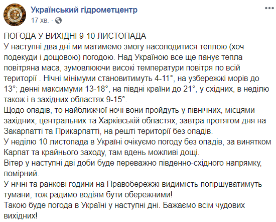 Синоптики розповіли про погоду на вихідних