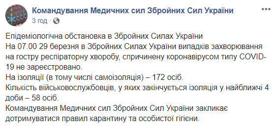 Понад 170 військових ЗСУ перебувають на карантині
