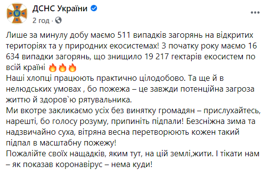 В Україні за добу сталося понад 500 пожеж в екосистемах