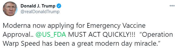 Трамп закликав управління щодо медикаментів швидко затвердити вакцину Moderna