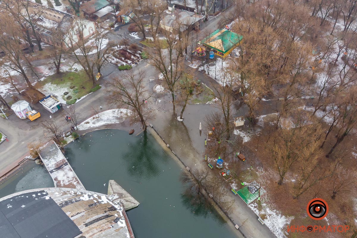 У затопленому парку в Дніпрі пішохідними доріжками плавають качки (фото, відео)