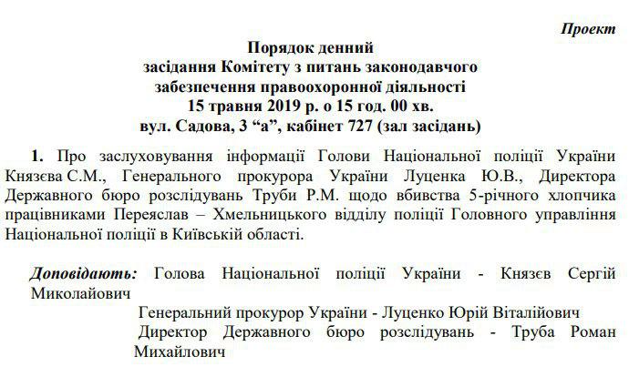 Рада очікує від Луценка доповіді про вбивство хлопчика поліцейськими