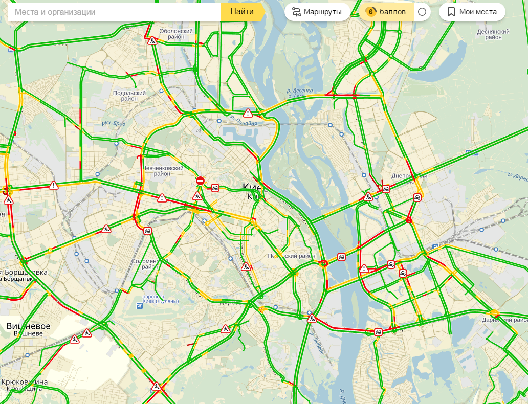 в Киеве пробки достигли 6 баллов