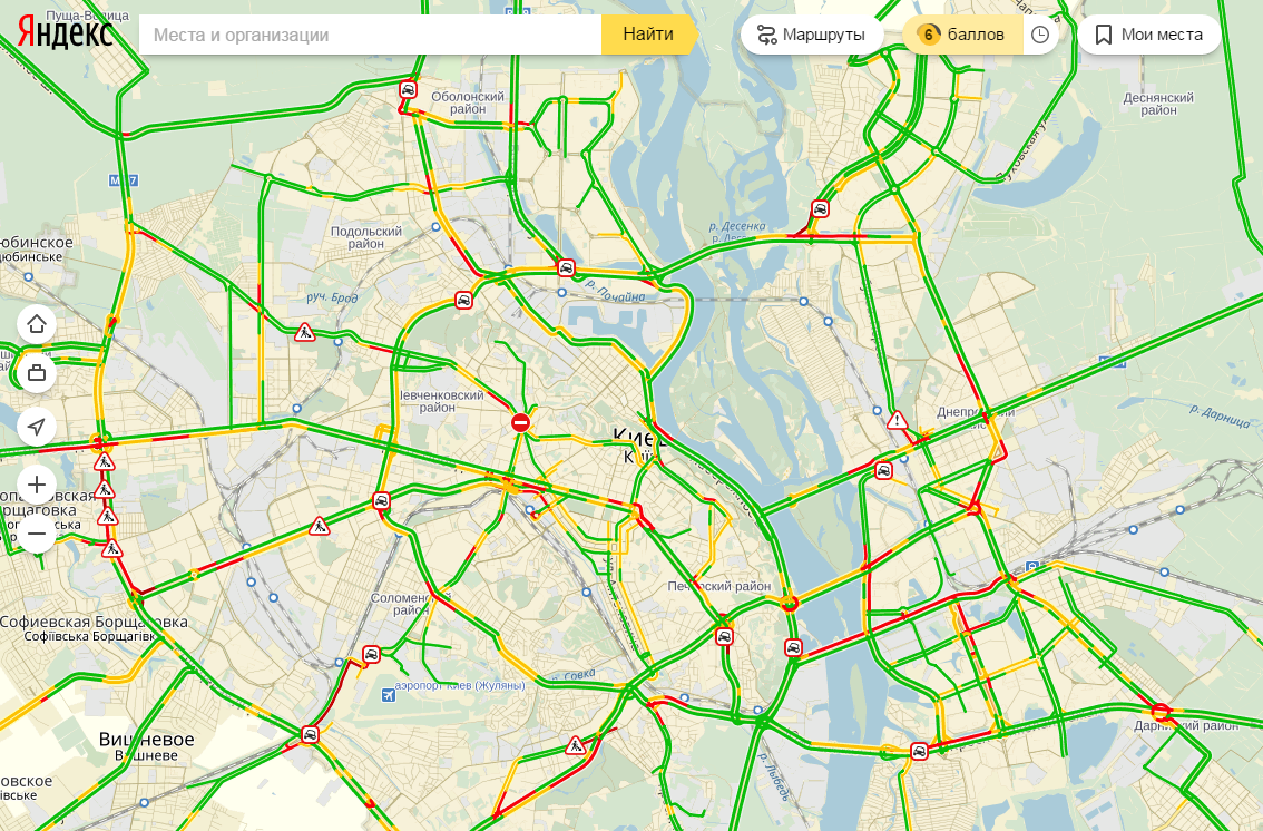 Пробки в Киеве достигли 6 баллов