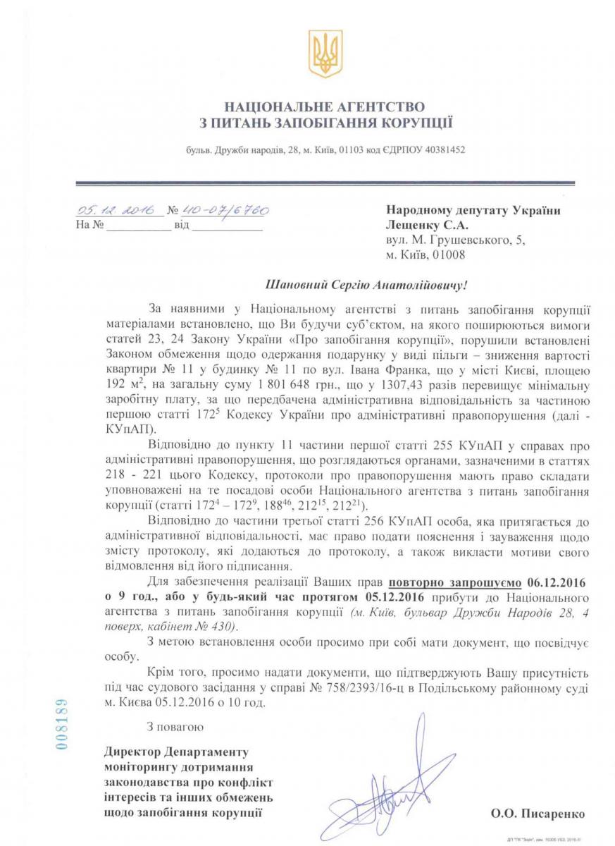 НАПК повторно приглашает Лещенко для ознакомления с админпротоколом НАПК, Лещенко