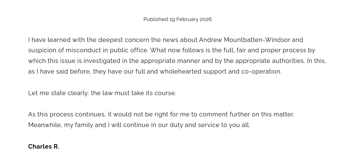 'The law must take its course': King Charles III speaks out on brother’s arrest