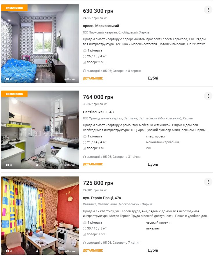 Примеры стоимости квартир в разных районах Харькова дешевле 1 миллиона гривен