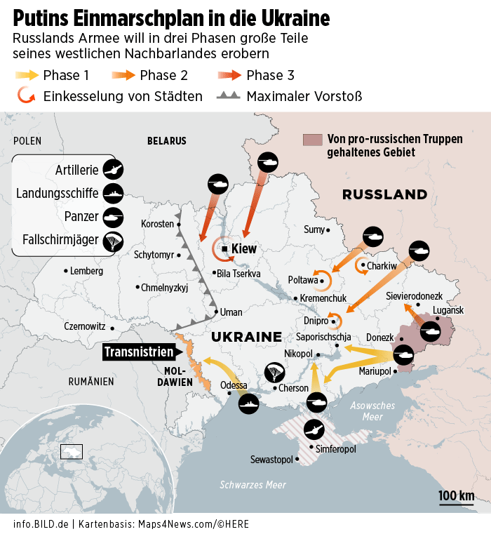 Вторгнення в Україну в три етапи: Bild показав сценарії, які &quot;на столі у Путіна&quot;