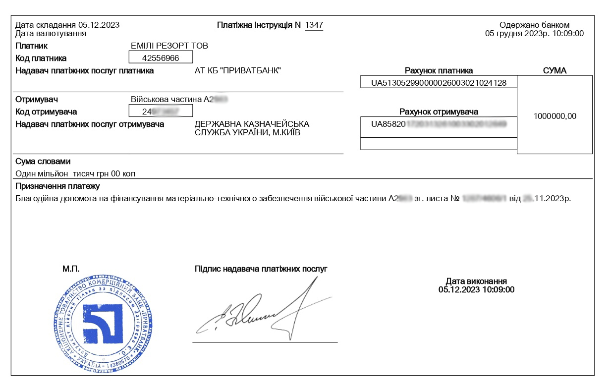 Emily Resort та його засновник Козловський передали на ЗСУ 2 млн гривень