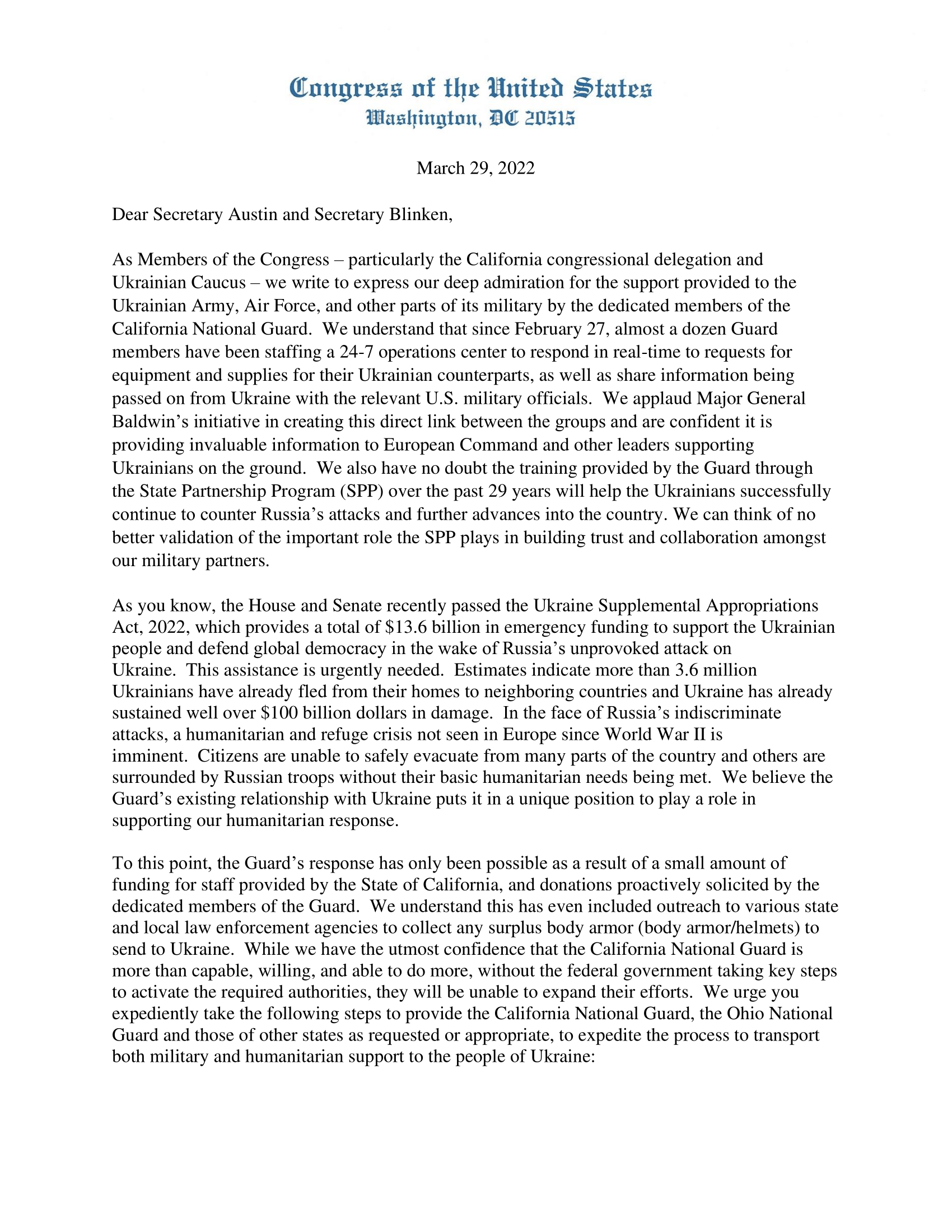 Конгрессмены США просят расширить полномочия Нацгвардии Калифорнии для помощи Украине