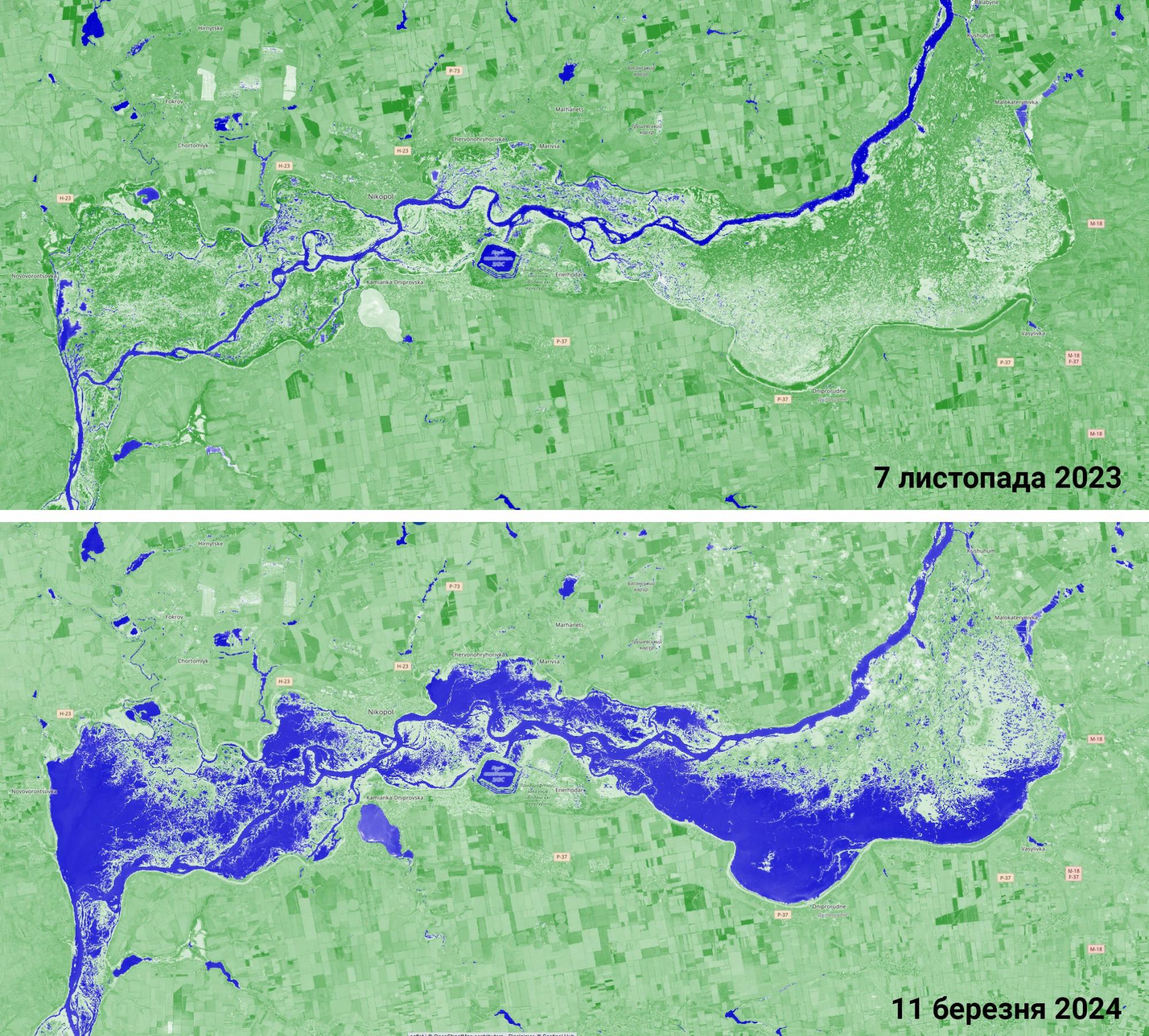 У Каховське водосховище повертається вода: фото з супутника