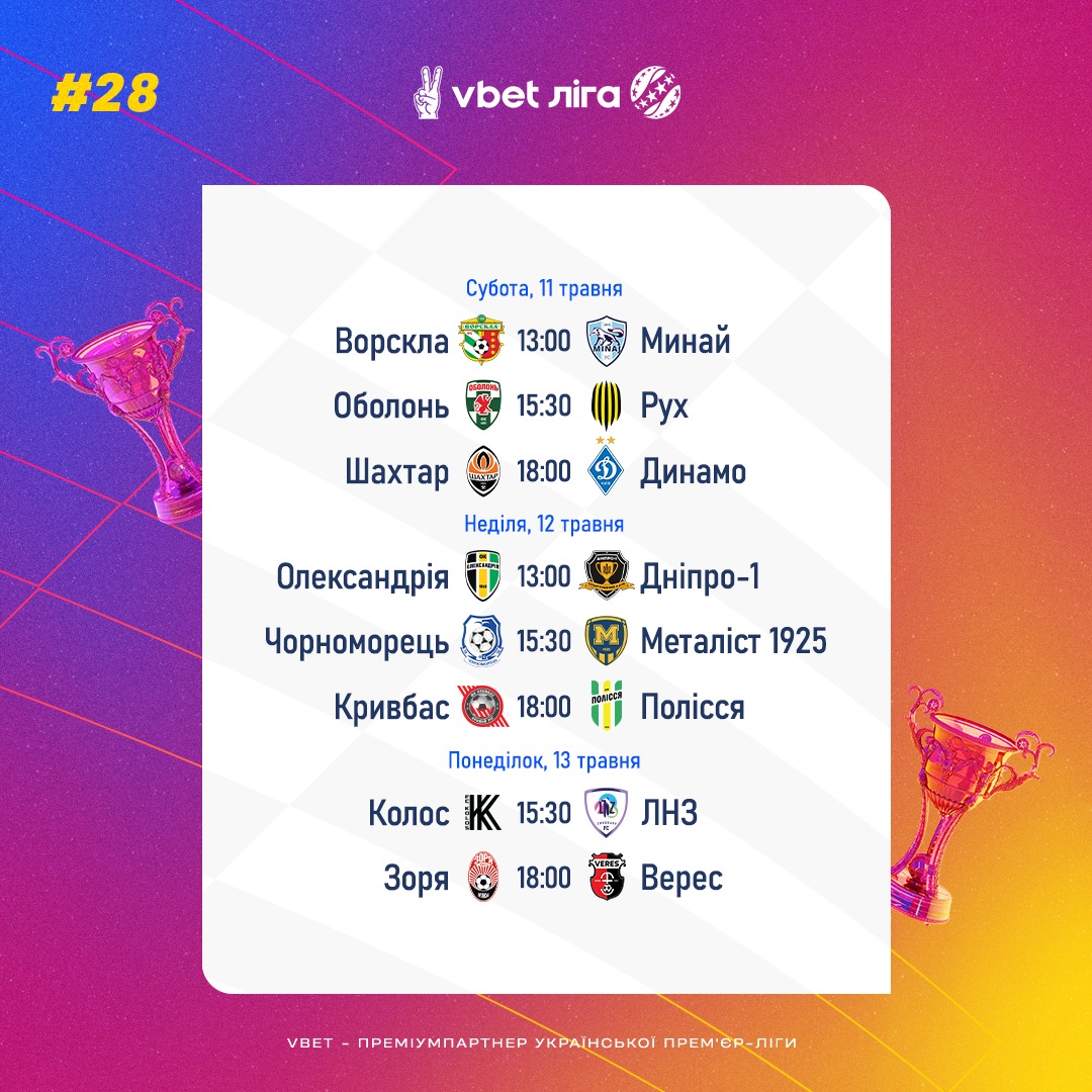Продолжение УПЛ 11-13 мая: полное расписание матчей двадцать восьмого тура
