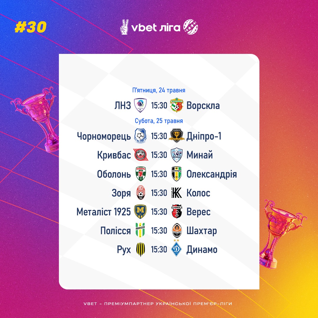Завершення УПЛ 24-25 травня: повний розклад матчів тридцятого туру