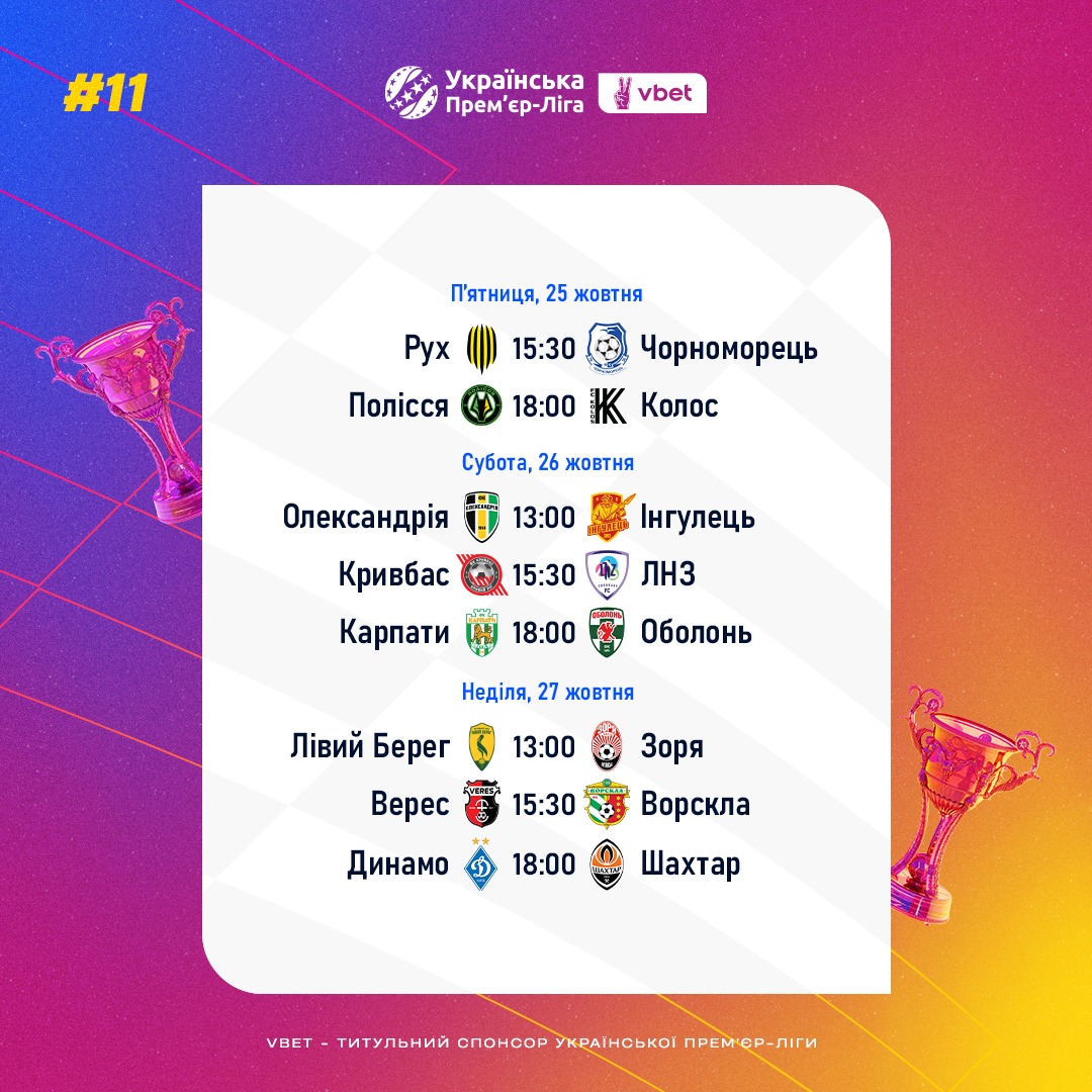 Продолжение УПЛ 25-27 октября: полное расписание матчей одиннадцатого тура